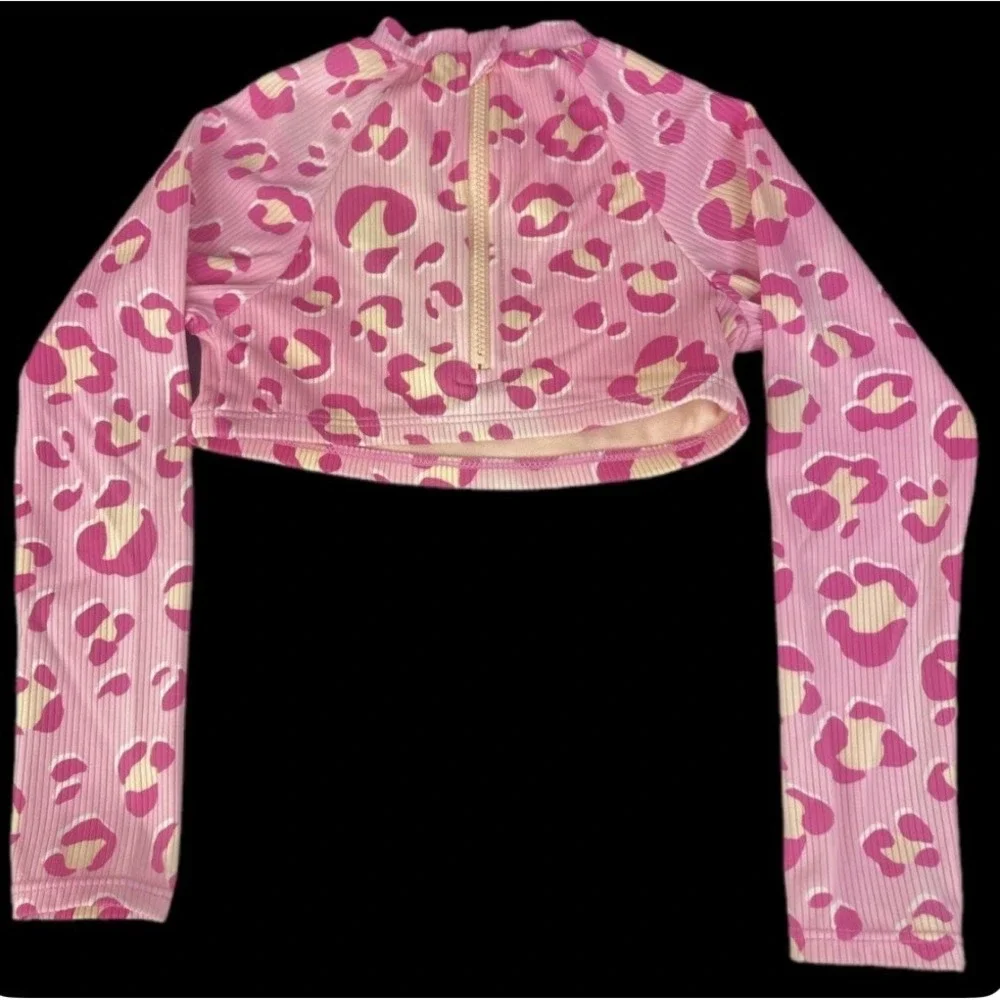 Cat & Jack Rash Guard Girls XS 4/5 Pink Leopard Ribbed Long Sleeve Swim Top‎